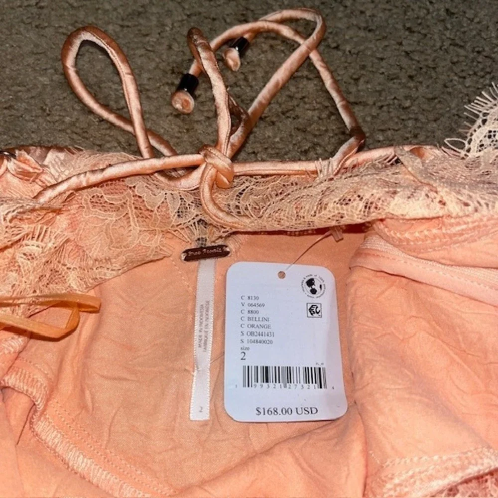 Free People Maybe Forever Maxi Dress Lace‎ Trim Crinkle Satin Peach 2